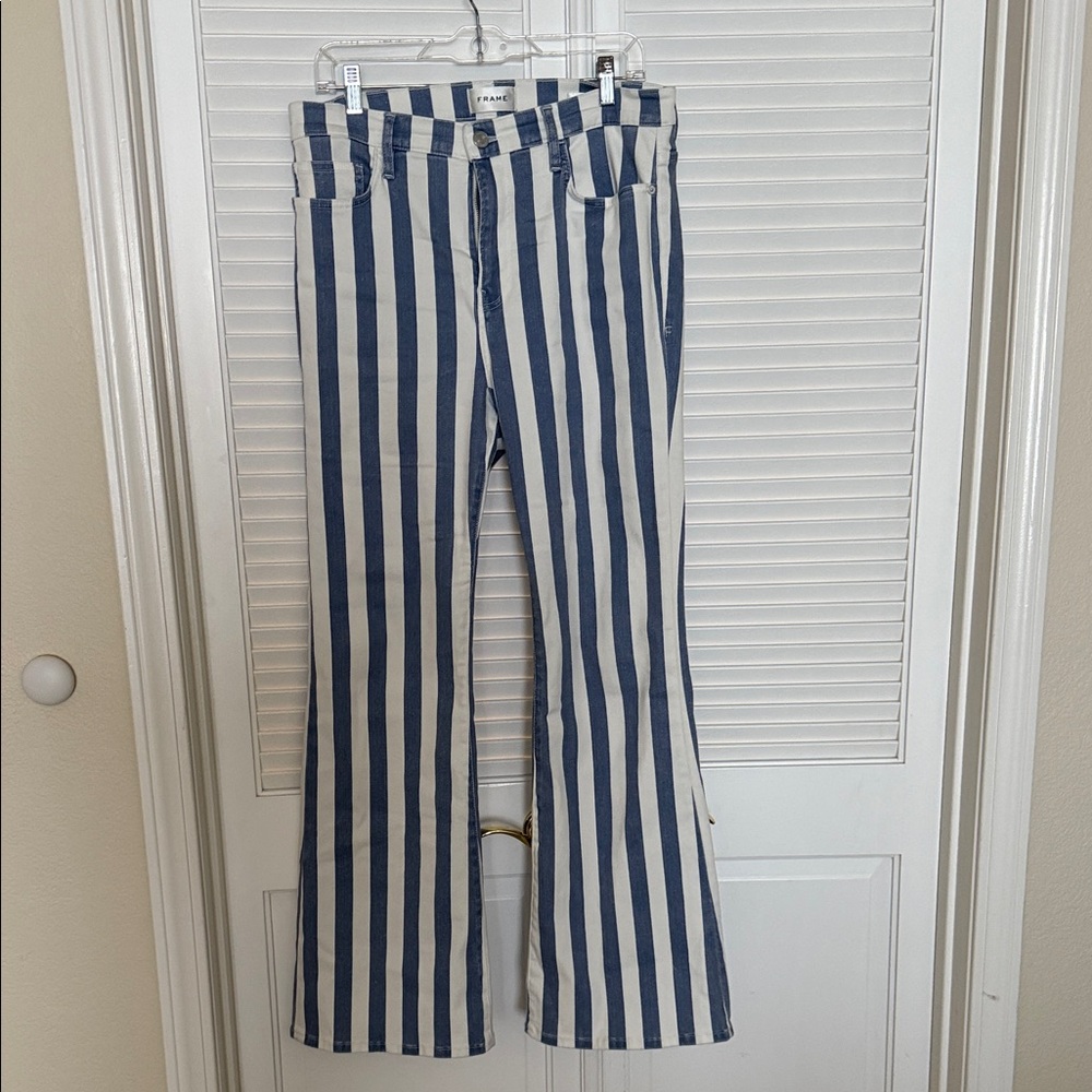 Frame Denim Blue and White Striped Flare Jeans